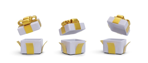 Conjunto de regalos blancos abiertos realistas con cintas doradas con sombra aislado sobre fondo blanco Ilustración vectorial