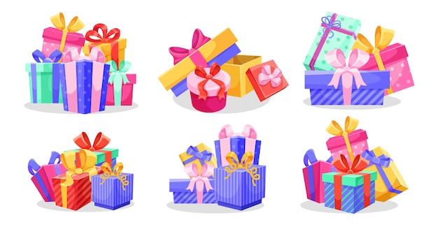 Conjunto de regalos coloridos con arcos y cintas decorativas ilustración vectorial