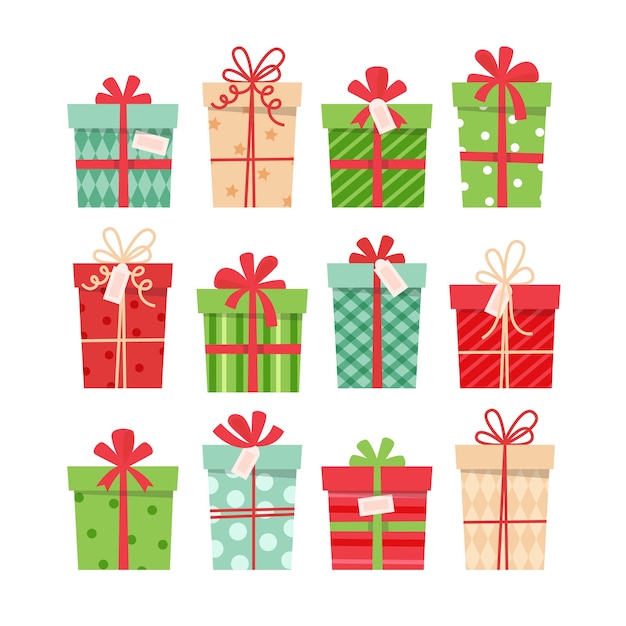 Conjunto de regalos de navidad, diferentes cajas con cintas,
