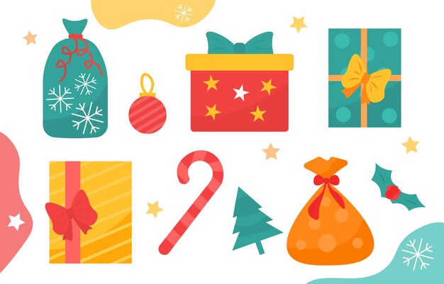 Conjunto de regalos de Navidad presentan cajas con palillo de caramelo y árbol de año nuevo y vacaciones de invierno y