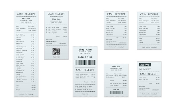Conjunto de registros de recepción, plantilla de diseño de cajero automático de facturas, cheque financiero en papel para maqueta. facturas en papel de pago realistas para transacciones en efectivo o con tarjeta de crédito.