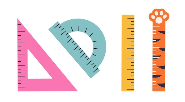 Conjunto de reglas de la escuela vectorial Estilo de dibujos animados plano Papelería linda Regla Triángulo Regla Protractor