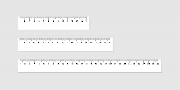 Conjunto de reglas de madera de 15, 20 y 30 centímetros con sombras aisladas en blanco. Herramienta de medición. Suministros escolares