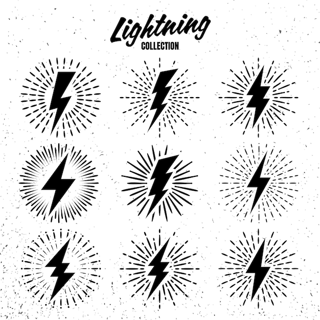 Conjunto de relámpagos antiguos y rayos de sol sobre relámpagos de fondo grunge con efecto de explosión de sol