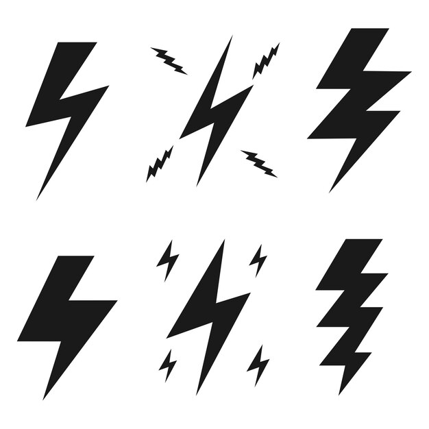 Conjunto de relámpagos eléctricos, truenos y truenos en estilo doodle aislados en una ilustración vectorial de fondo blanco