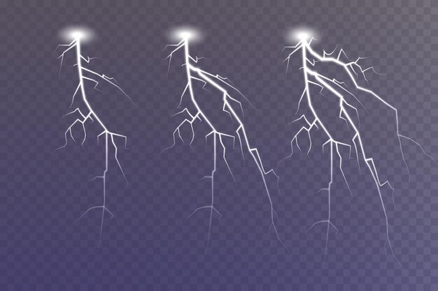 Conjunto de relámpagos mágicos y efectos de luz brillante Tormenta con relámpagos y nubes Ilustración vectorial Descarga de corriente eléctrica Carga de fenómenos naturales actuales