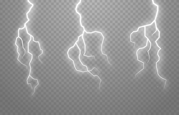 Vector conjunto de relámpagos sobre un fondo transparente aislado. destello de luz, relámpago png. tormenta.