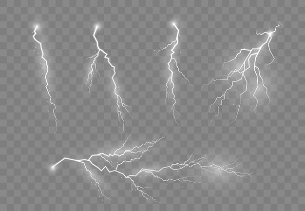 Un conjunto de relámpagos y truenos. Efectos luminosos brillantes