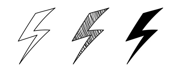 Vector conjunto de relámpagos vectoriales dibujados a mano en un estilo de dibujos animados de garabatos. día nacional de la ciencia