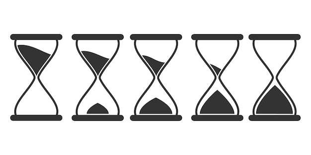 Vector conjunto de reloj de arena de arte lineal o reloj de arena en diferentes posiciones diseño de icono negro