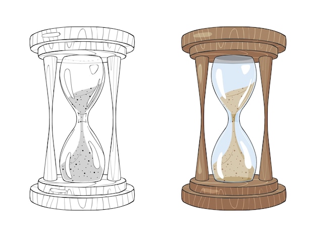 Conjunto de reloj de arena en blanco y negro y color dibujado a mano. ilustración vectorial. aislado en blanco. tatuaje, arte lineal.