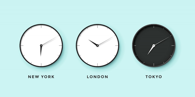 Vector conjunto de reloj diurno y nocturno para zonas horarias diferentes ciudades