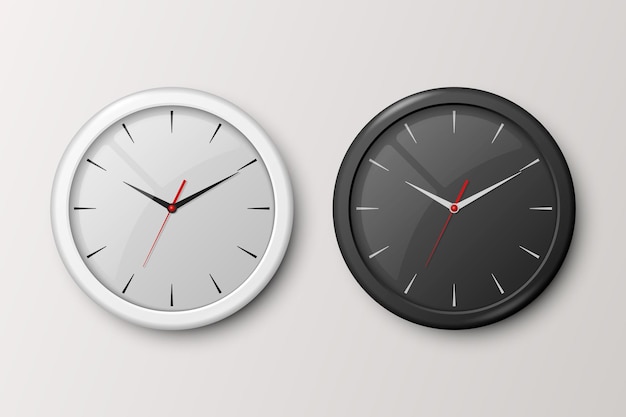 Conjunto de reloj de oficina de pared blanco y negro realista vectorial 3d Plantilla de diseño de esfera blanca y negra aislada de maqueta de primer plano de reloj de pared para vista frontal de marca