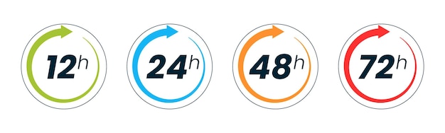 Conjunto de relojes de 12 24 48 y 72 horas con flechas en fondo blanco Efecto de tiempo de trabajo vectorial