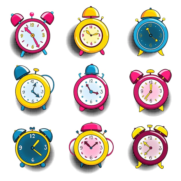 Vector conjunto de relojes de alarma cómicos iconos de dibujos animados coloridos y dinámicos de arte pop en estilo retro objetos de dibujos animados brillantes vectoriales con sombra de puntos de semitono