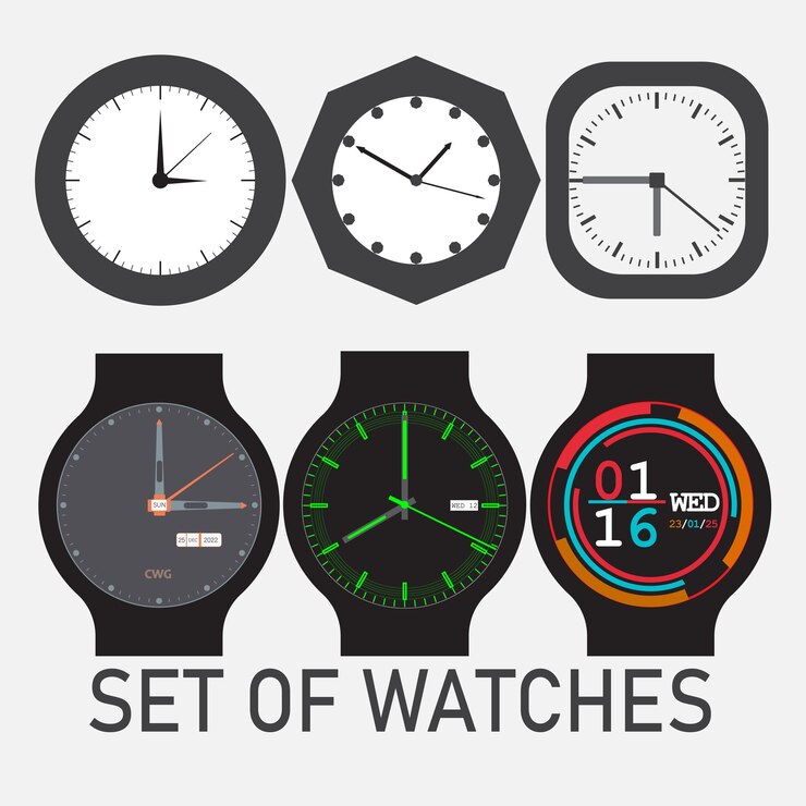 Conjunto de relojes. Conjunto vectorial de reloj de pared y relojes de pulsera. Colecciones de esferas de reloj.