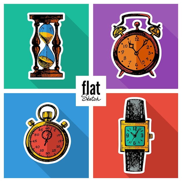 Conjunto de relojes dibujados a mano de dibujo. Iconos planos