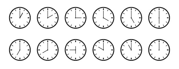 Conjunto de relojes con diferentes horas plantilla de reloj aislada