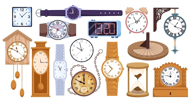 Conjunto de relojes digitales modernos y antiguos Colección de dibujos animados de diferentes tipos de dispositivos de pared y muñeca para medir el tiempo Reloj de muñeca y cronometro antiguo reloj de arena y alarma