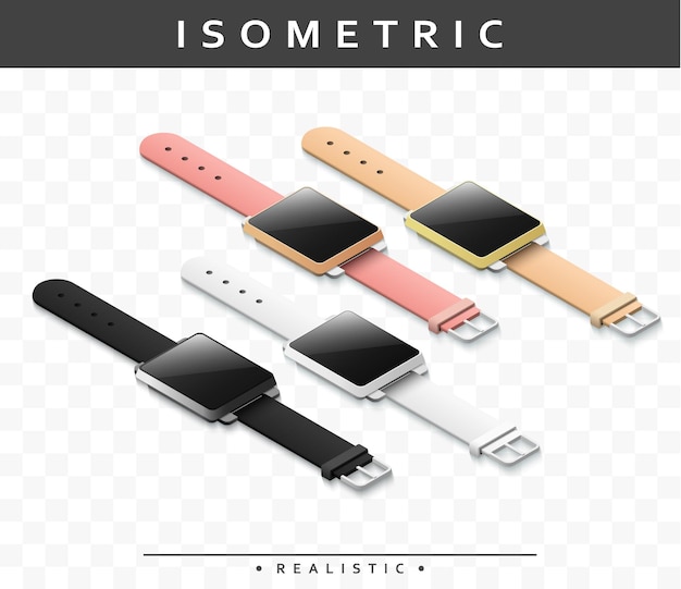 Conjunto de relojes inteligentes multicolores realistas en isométrico. Reloj aislado con sombra transparente para la presentación de productos web, diseño publicitario, producción impresa. Maqueta de plantilla para diseño web