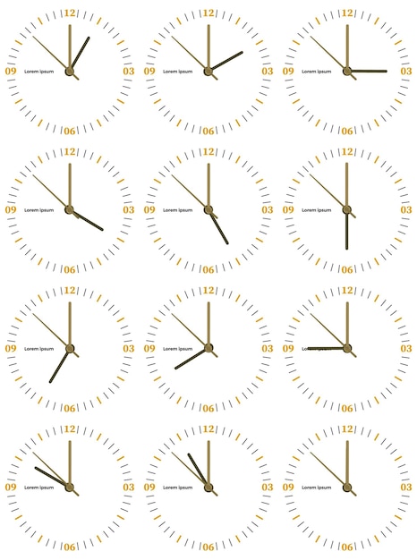 Vector un conjunto de relojes mecánicos con una imagen de cada una de las doce horas. esfera de reloj sobre fondo blanco.