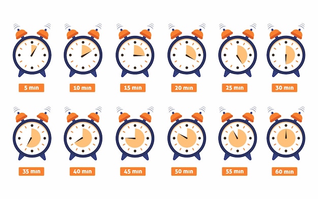 Conjunto de relojes redondos que muestran diferentes tiempos, temporizador y conjunto de iconos de cronómetro.