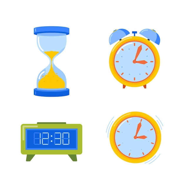 Conjunto de relojes Reloj de arena o reloj de arena Relojes mecánicos y digitales Reloj despertador aislado sobre fondo blanco
