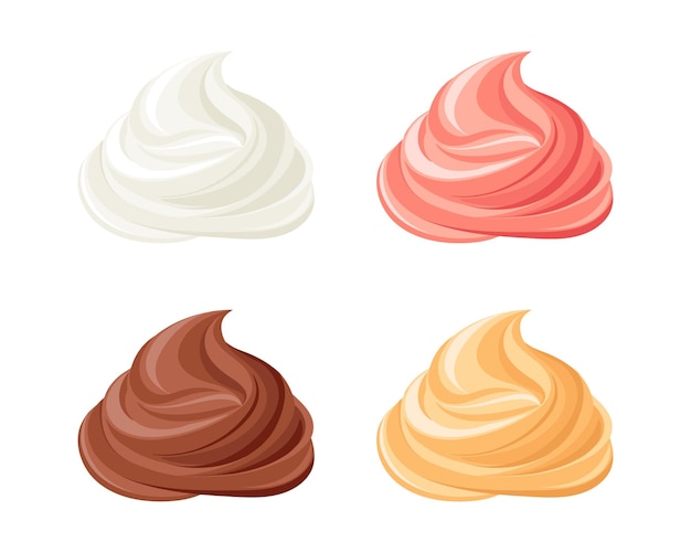 Conjunto de remolino cremoso mousse de crema batida chocolate de fresa vainilla y crema de caramelo postre