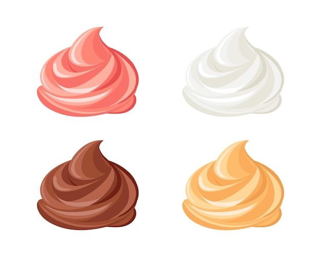 Conjunto de remolino cremoso mousse de crema batida chocolate de fresa vainilla y crema de caramelo postre