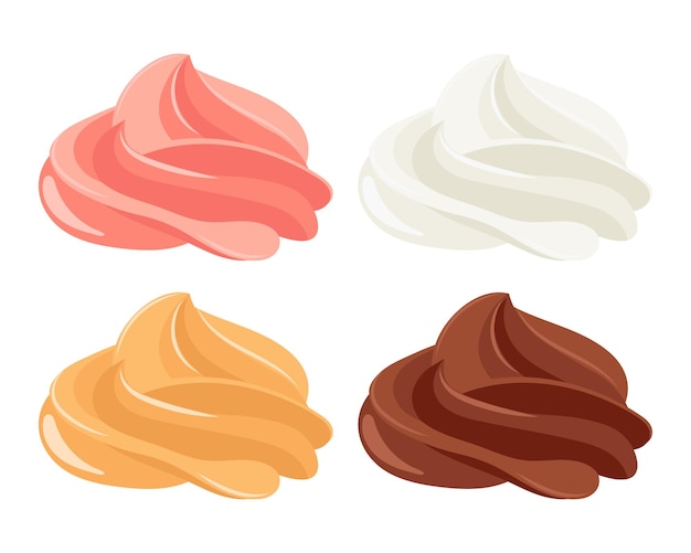 Conjunto de remolino cremoso mousse de crema batida ilustración de postre en estilo plano de dibujos animados icono de comida