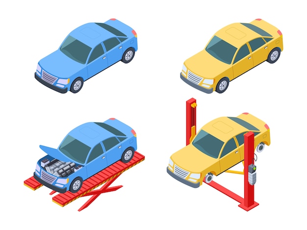 Conjunto de reparación de automóviles isométrica