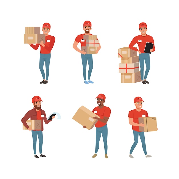 Conjunto de repartidores con cajas de cartón en las manos mensajeros entrega de paquetes a los clientes ilustración vectorial