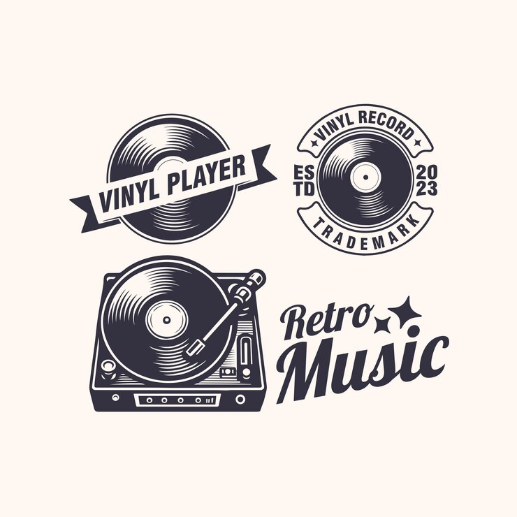 Vector conjunto de reproductor de música de vinilo retro registro insignia vintage logotipo ilustración vectorial