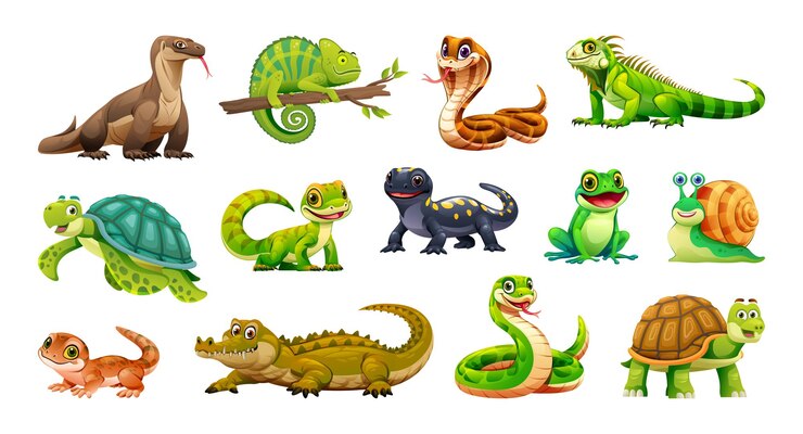 Vector conjunto de reptiles y anfibios incluyendo iguana camaleón y serpiente ilustración de dibujos animados vector