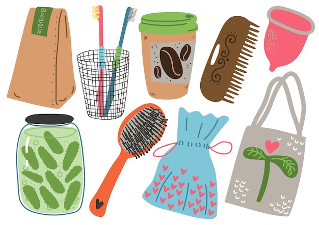 Conjunto de residuos cero objetos reutilizables para la cocina compras productos de cuidado personal y estilo de vida ecológico vector