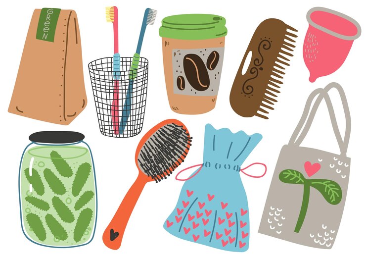 Vector conjunto de residuos cero objetos reutilizables para la cocina compras productos de cuidado personal y estilo de vida ecológico vector