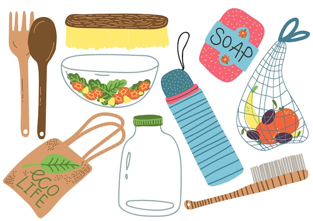 Conjunto de residuos cero objetos reutilizables para la cocina compras productos de estilo de vida ecológico ilustración vectorial