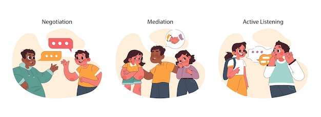 Conjunto de resolución de conflictos para niños que demuestran mediación de negociación y habilidades de escucha activa en