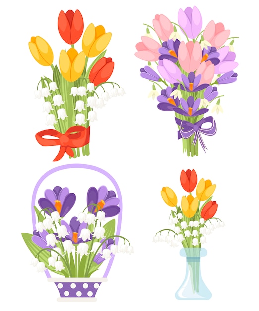 Conjunto de resortes ramo de flores con diferentes flores. Tulipán rojo y amarillo con Convallaria majalis, tulipán rosa con azafrán púrpura.