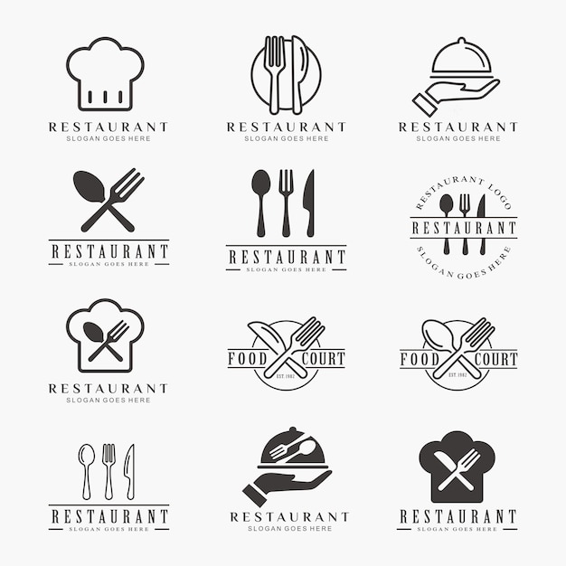 Conjunto de restaurante, comida, plantilla de logotipo de cafetería