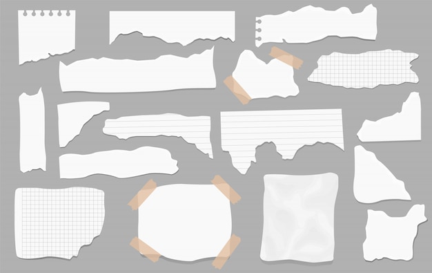 Conjunto de restos de papel de diferentes formas. Papeles rotos, trozos de página rotos y trozo de papel de nota de bloc de notas. Página de textura, hoja de notas con textura o triturador de cuaderno.