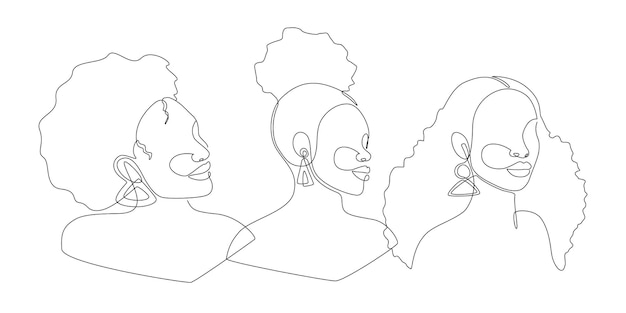 Conjunto de retrato de arte lineal mujeres afroamericanas. Rostro de mujer de dibujo de una línea continua