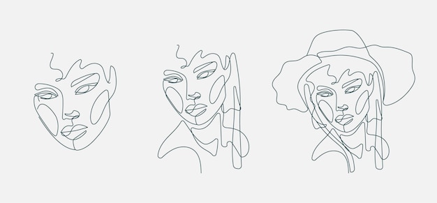 Conjunto de retrato de cabeza de mujer Dibujo de línea continua