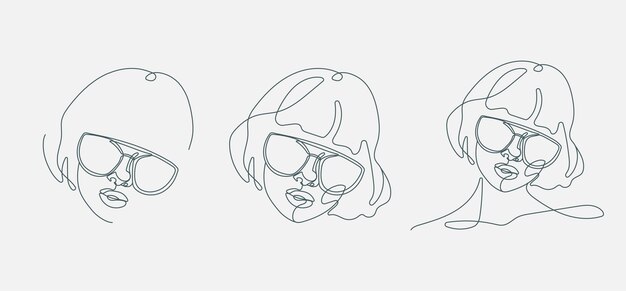 Conjunto de retrato de cabeza de mujer Dibujo de línea continua