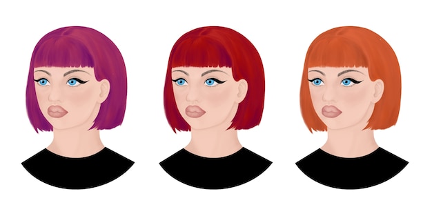 Vector conjunto de retrato de cabezas femeninas con pelo corto y flequillo