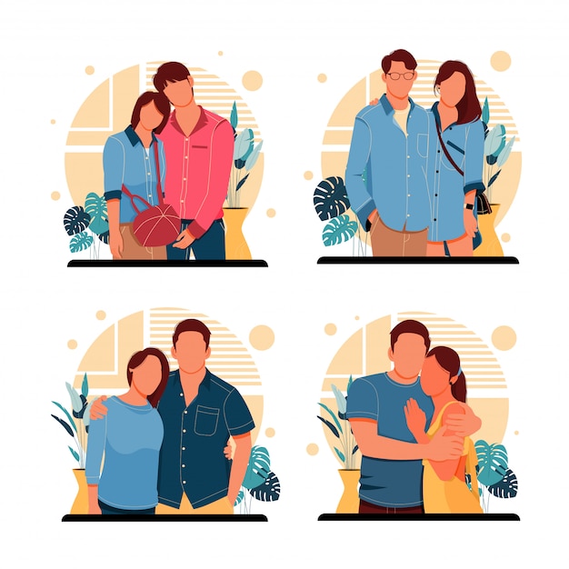 Conjunto de retrato de dulce pareja posando en trajes elegantes, ilustración de diseño plano