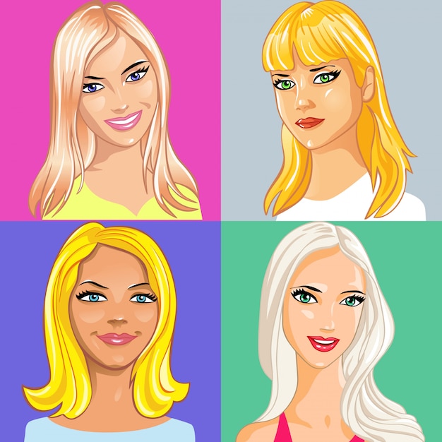 Vector conjunto de retrato de joven atractiva con largo cabello rubio