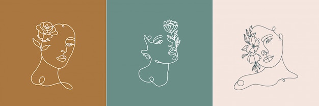 Conjunto de retrato minimalista abstracto en un estilo lineal moderno