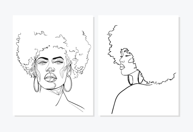 Vector conjunto de retratos abstractos de una joven africana en un estilo minimalista moderno dibujo lineal