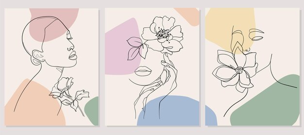 Conjunto de retratos abstractos en una línea estilo colores pastel concepto de moda de belleza femenina